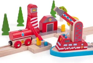 Bigjigs Rail Fire & Sea Rescue | Wooden Train Set Accessories | Emergency Services Toys | Expansion Pack for Wood Railway Track | Includes Crane, Barge & Water Tank Figures | Gifts for 3  Year Olds