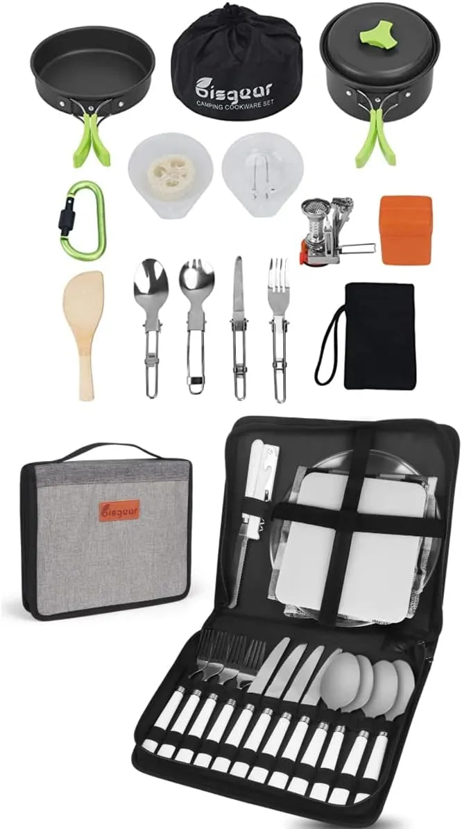 Bisgear 16 Pcs Camping Cookware Stove Carabiner Folding Spork Set   Camping Kitchen Silverware Mess Kit Cutlery Organizer 4 Person Dinnerware Set