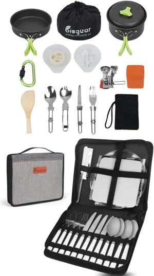 Bisgear 16 Pcs Camping Cookware Stove Carabiner Folding Spork Set   Camping Kitchen Silverware Mess Kit Cutlery Organizer 4 Person Dinnerware Set