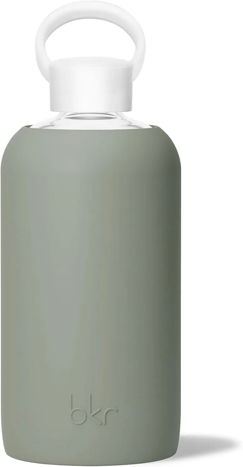 bkr - Big Smooth - Reusable Glass Water Bottle - Leakproof, Durable, Workout & Travel Friendly, Carrying Loop - Dishwasher Safe - Removable Silicone Sleeve - BPA Free - 1L (32 oz)