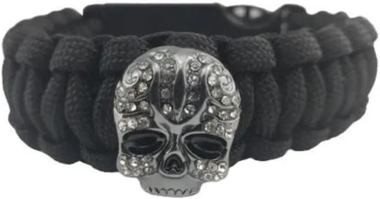 Bling Skull Paracord Survival Bracelet 10 Ft Paracord, Whistle, Compass, Fire Starter, and More