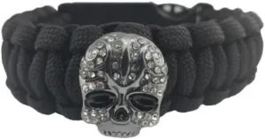 Bling Skull Paracord Survival Bracelet 10 Ft Paracord, Whistle, Compass, Fire Starter, and More