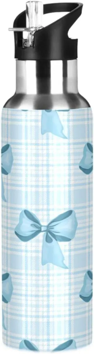Blue Bow Tie Sports Water Bottle with Straw, 22oz BPA Free Stainless Steel Vacuum Insulated Bottle for Gym Fitness Outdoor
