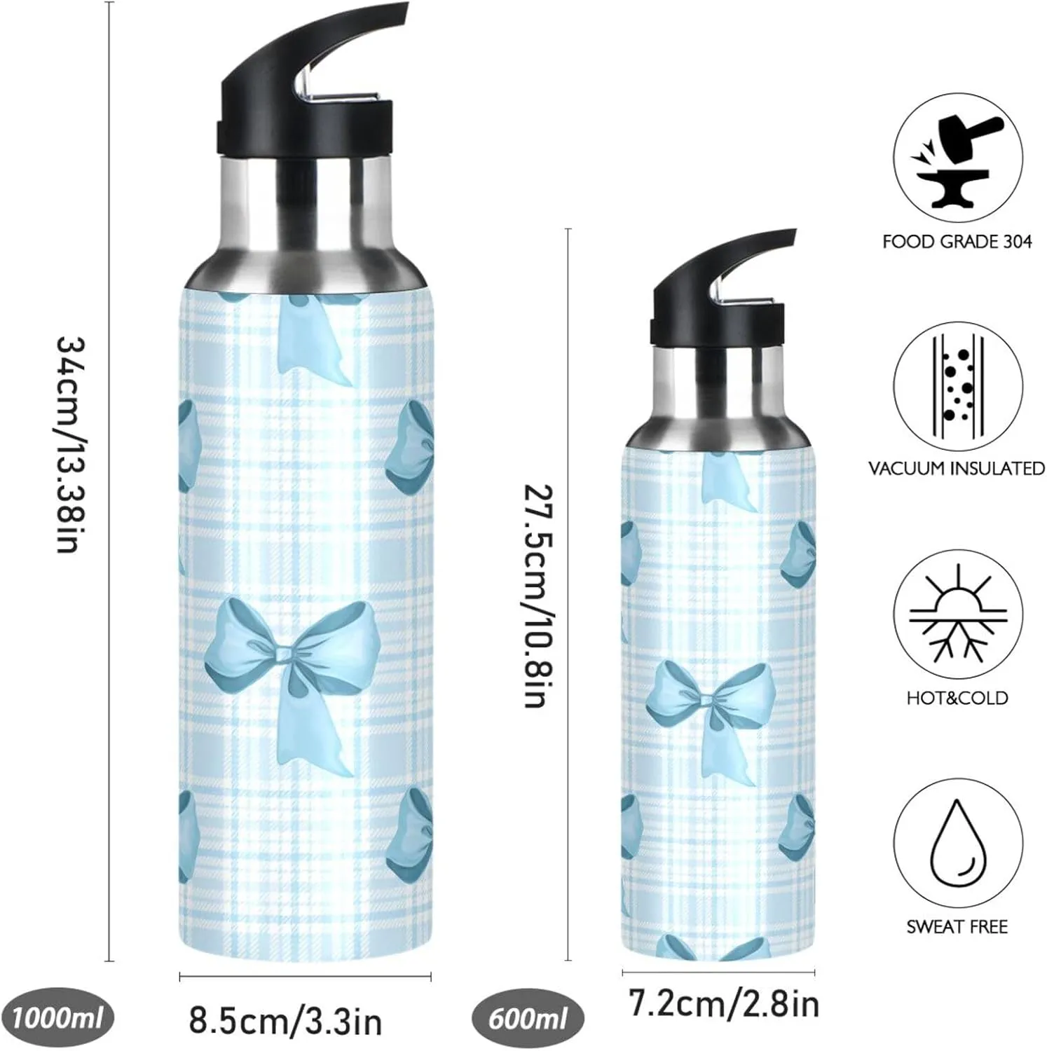Blue Bow Tie Sports Water Bottle with Straw, 22oz BPA Free Stainless Steel Vacuum Insulated Bottle for Gym Fitness Outdoor