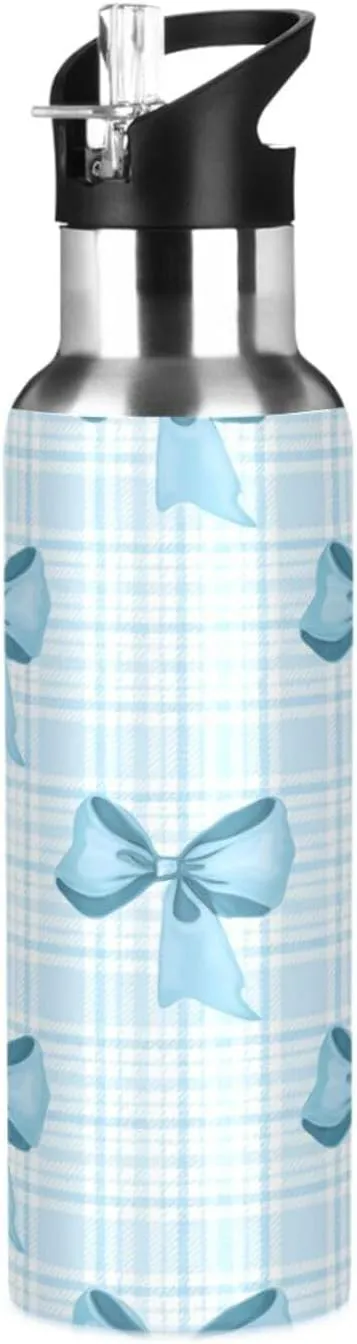 Blue Bow Tie Sports Water Bottle with Straw, 22oz BPA Free Stainless Steel Vacuum Insulated Bottle for Gym Fitness Outdoor