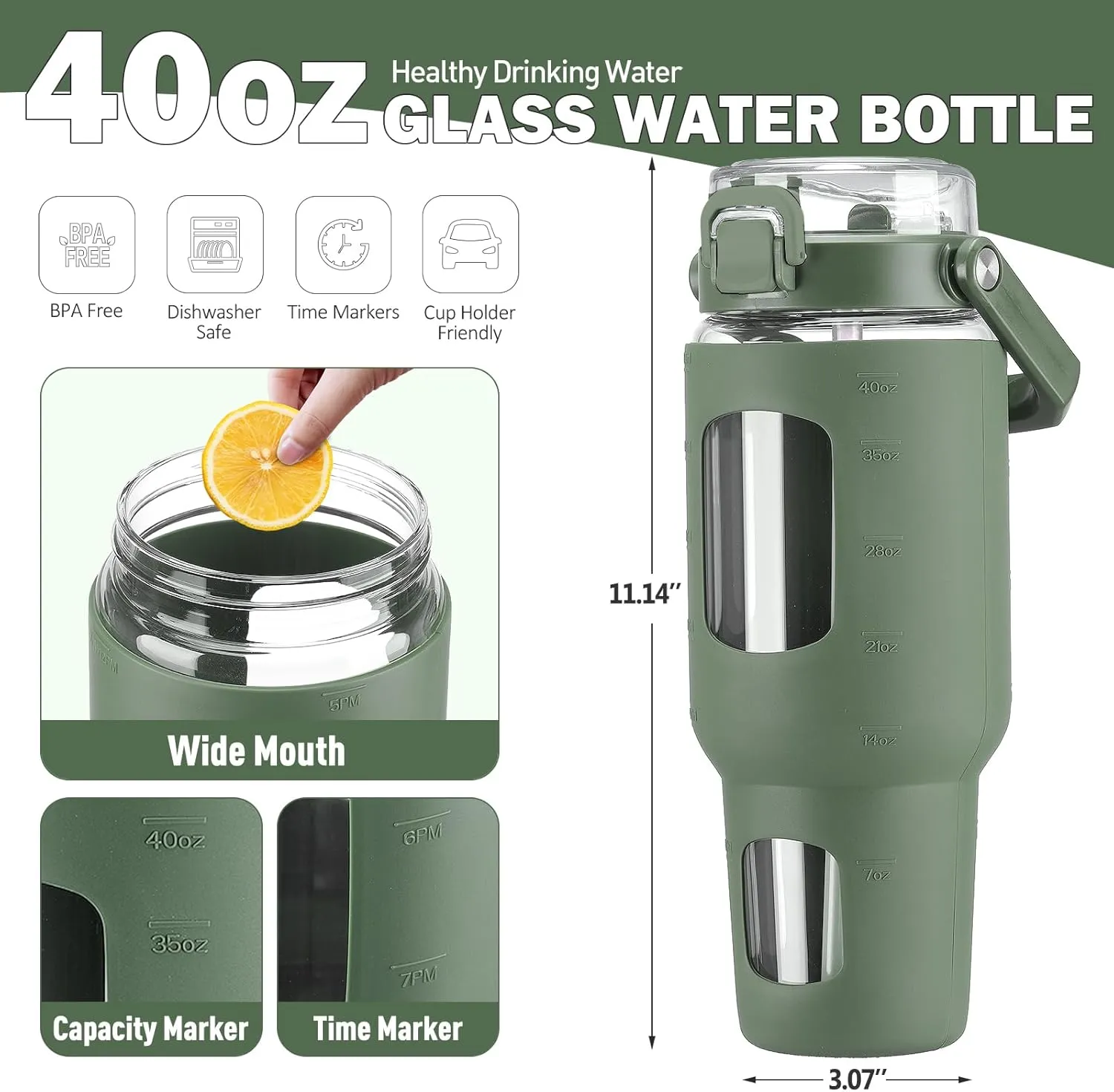BLUEGO 40 oz Glass Water Bottle with Straw, Leakproof and Time Marker, Wide Mouth for Travel, Gym, Workout, Olive