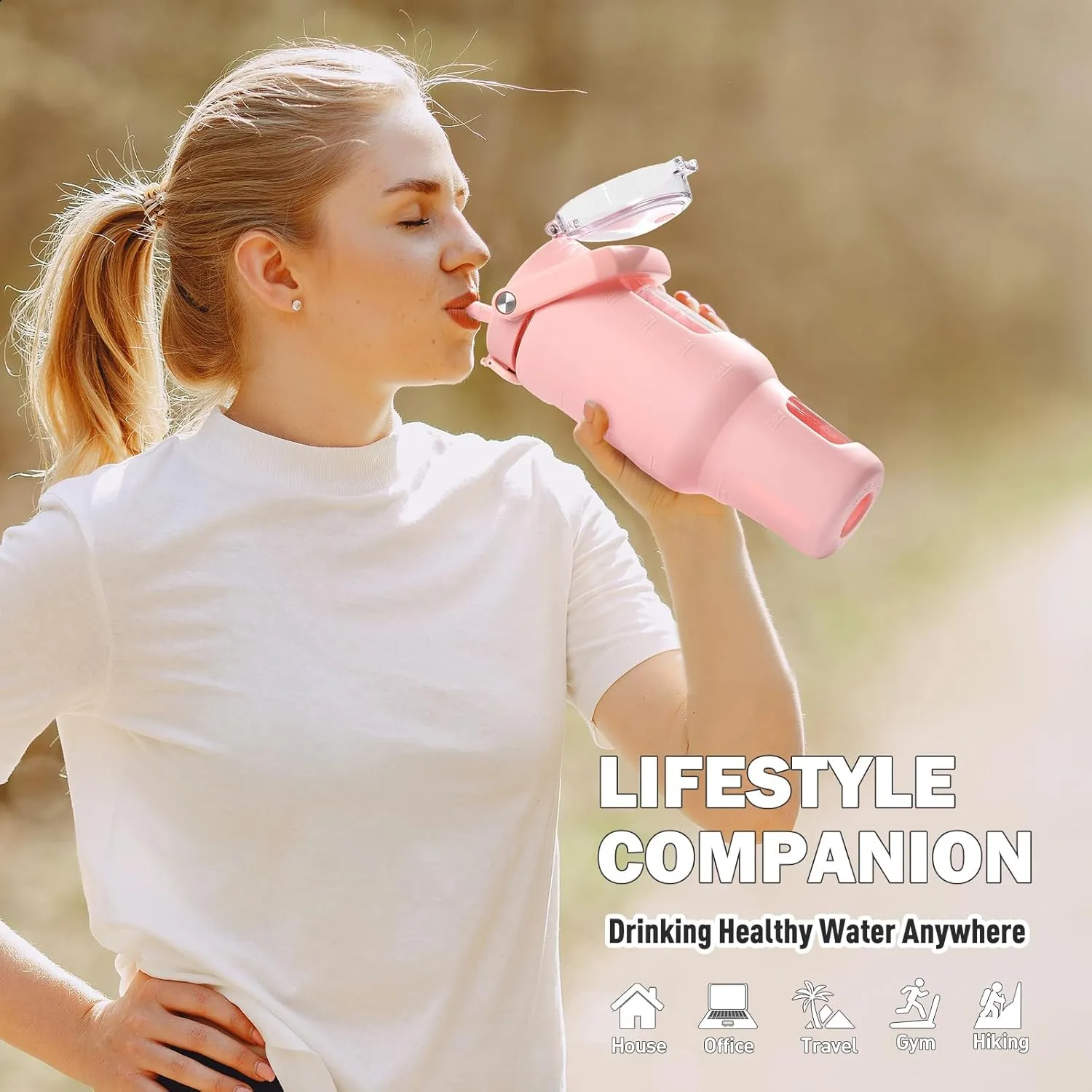 BLUEGO 40 oz Glass Water Bottle with Straw, Leakproof Glass Drinking Bottle with Time Marker and Silicone Sleeve, Wide Mouth Water Bottle for Travel, Gym, Workout, Pink