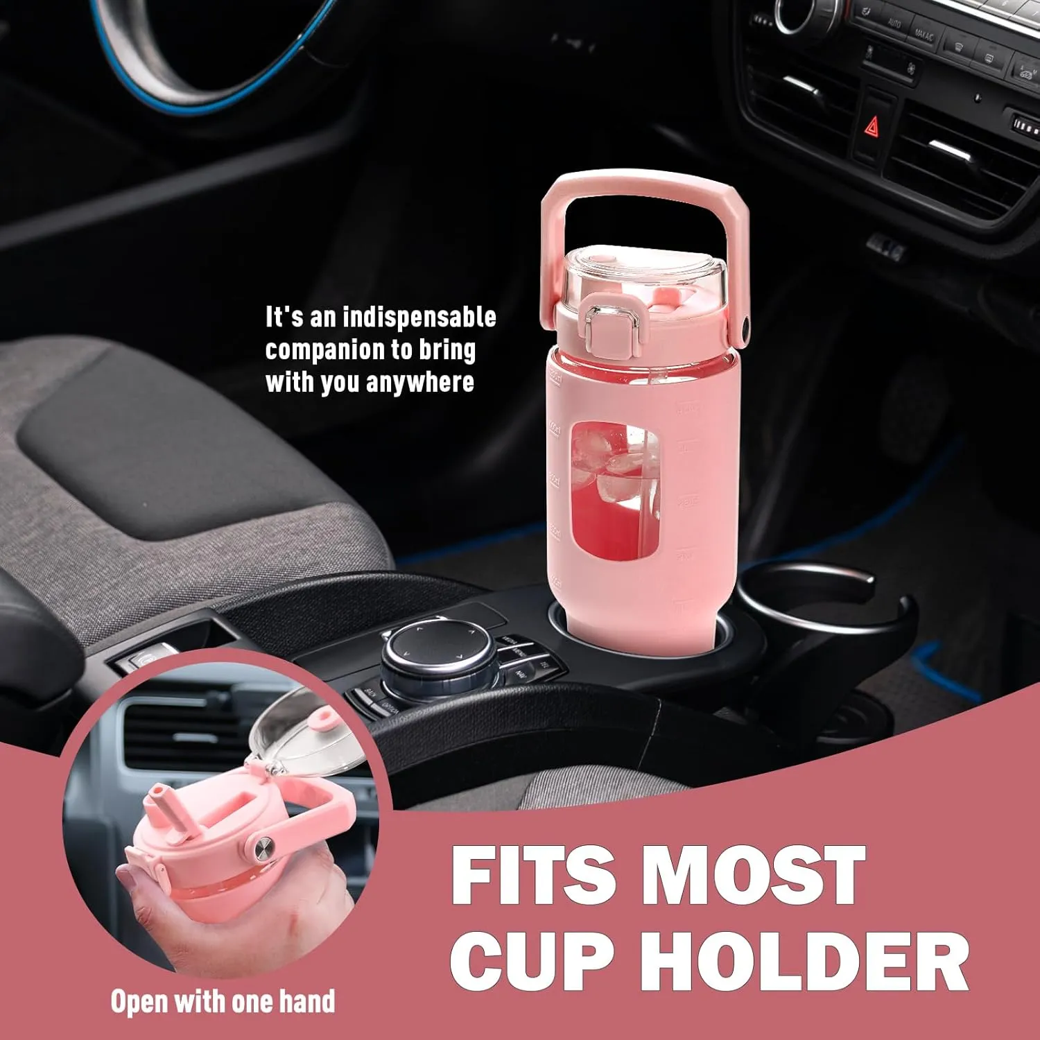 BLUEGO 40 oz Glass Water Bottle with Straw, Leakproof Glass Drinking Bottle with Time Marker and Silicone Sleeve, Wide Mouth Water Bottle for Travel, Gym, Workout, Pink