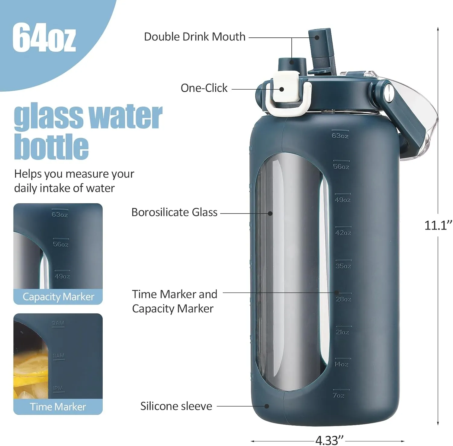 BLUEGO 64oz Glass Water Bottle with Handle and Straw, Motivational Sports Water Bottle with Time Marker and Silicone Sleeve Leakproof Drinking Bottle for Travel Gym Workout, Dark Blue