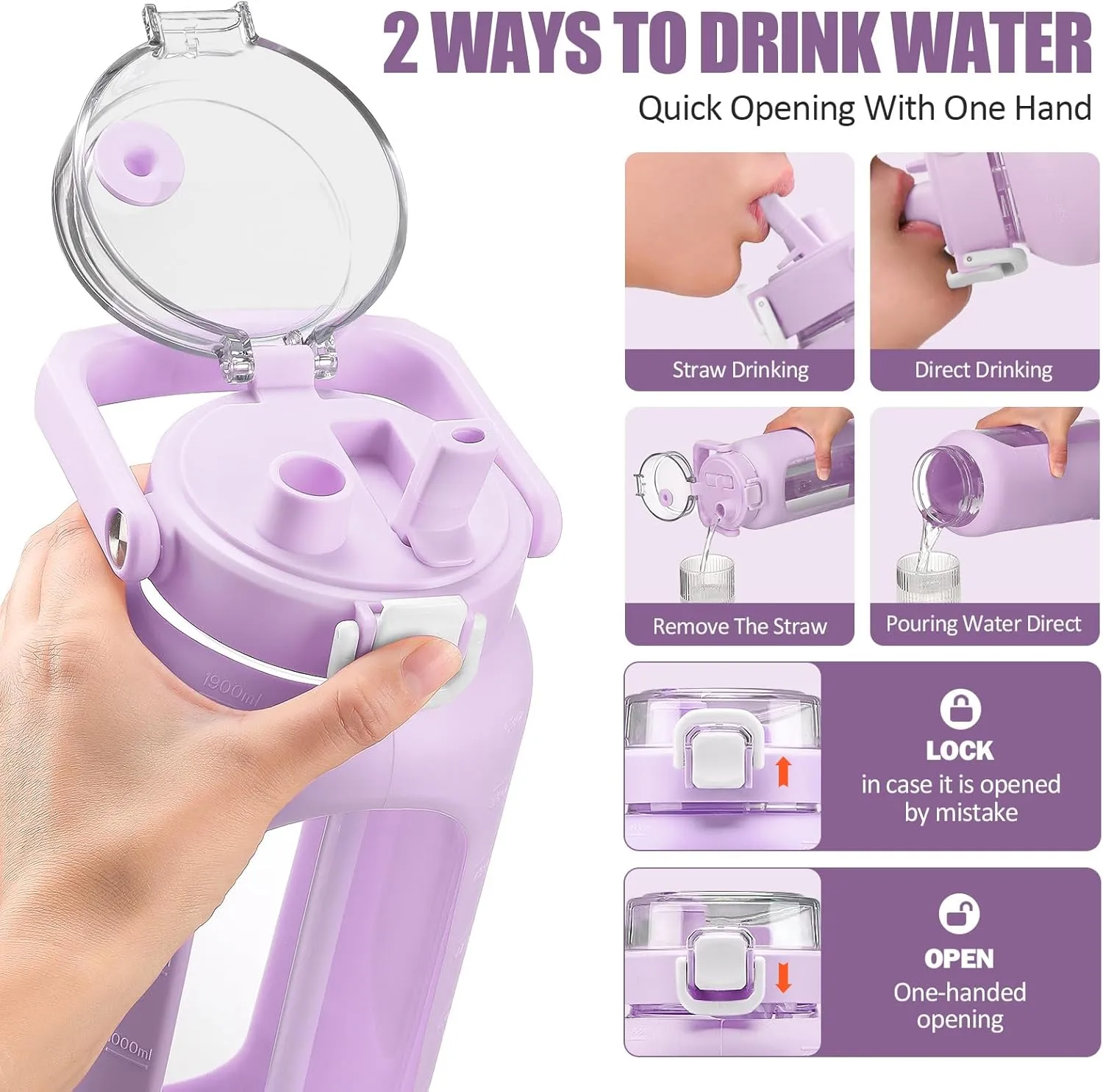 BLUEGO 64oz Glass Water Bottle with Handle and Straw, Motivational Sports Water Bottle with Time Marker and Silicone Sleeve Leakproof Drinking Bottle for Travel Gym Workout, Purple