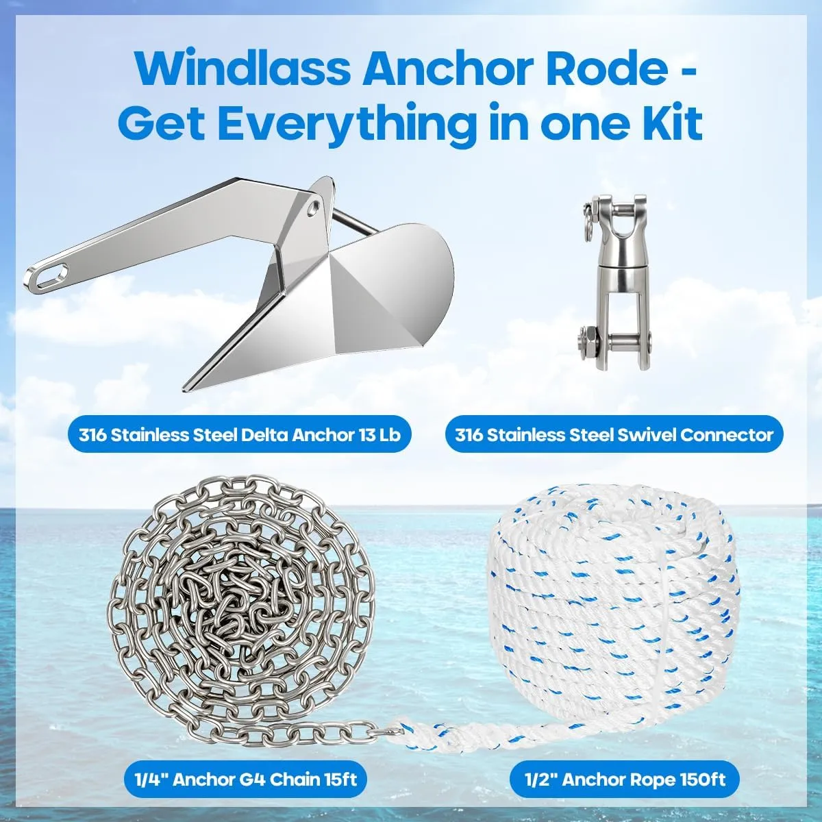 Boat Anchor Kit Set Stainless Steel Delta Anchor with Short-Link Chain & Rope & Swivel