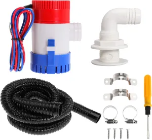 Boat Bilge Plumbing Kit 1-1/8 Inch Dia 12V Non-automatic Bilge Pump kit 1100 GPH with 6FT PVC Bilge Pump Hose (90 Degree Elbow)
