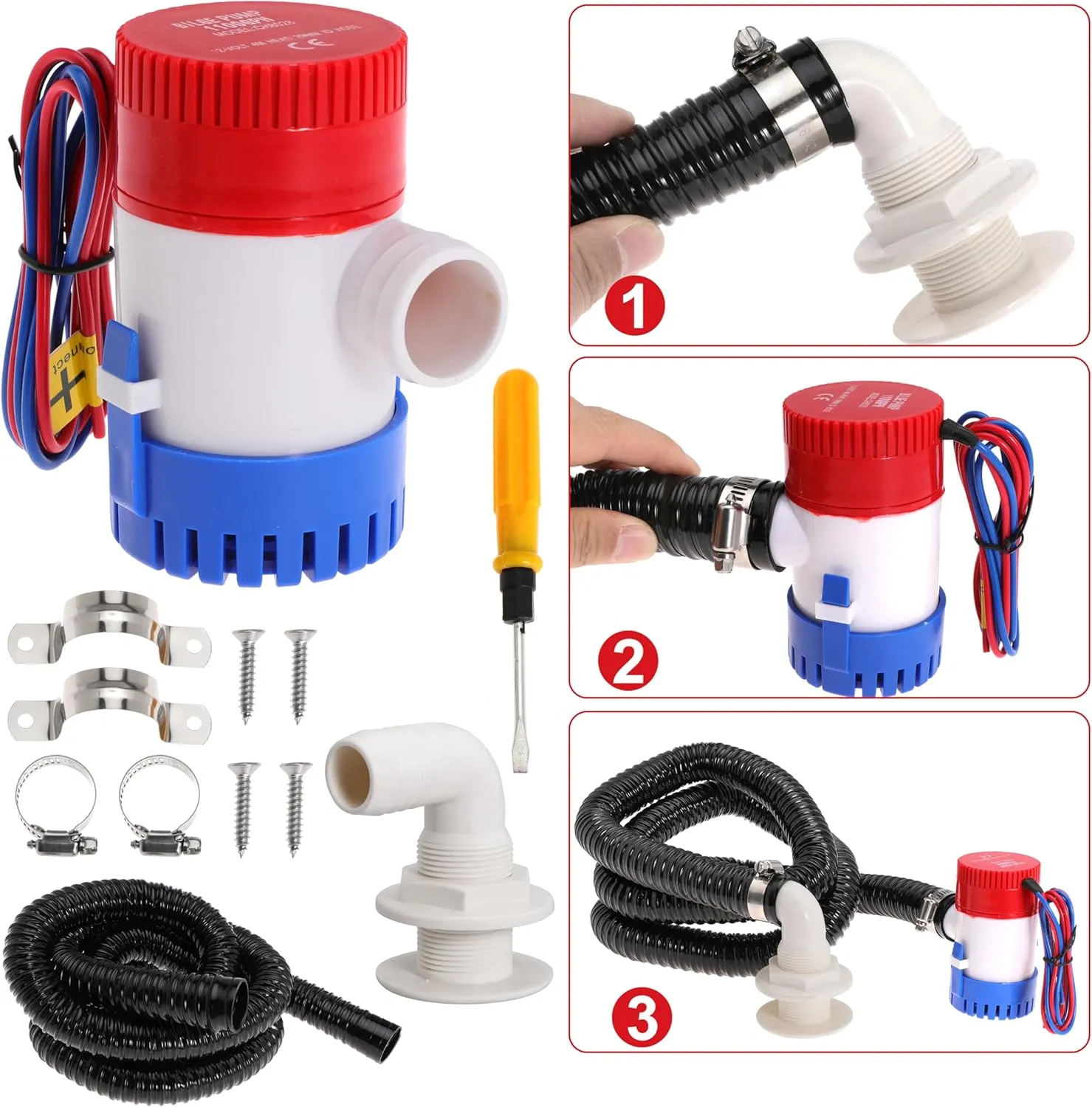 Boat Bilge Plumbing Kit 1-1/8 Inch Dia 12V Non-automatic Bilge Pump kit 1100 GPH with 6FT PVC Bilge Pump Hose (90 Degree Elbow)