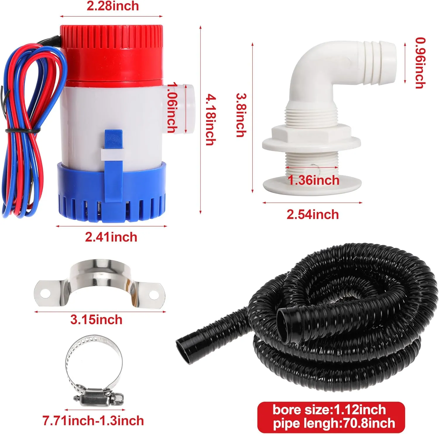 Boat Bilge Plumbing Kit 1-1/8 Inch Dia 12V Non-automatic Bilge Pump kit 1100 GPH with 6FT PVC Bilge Pump Hose (90 Degree Elbow)