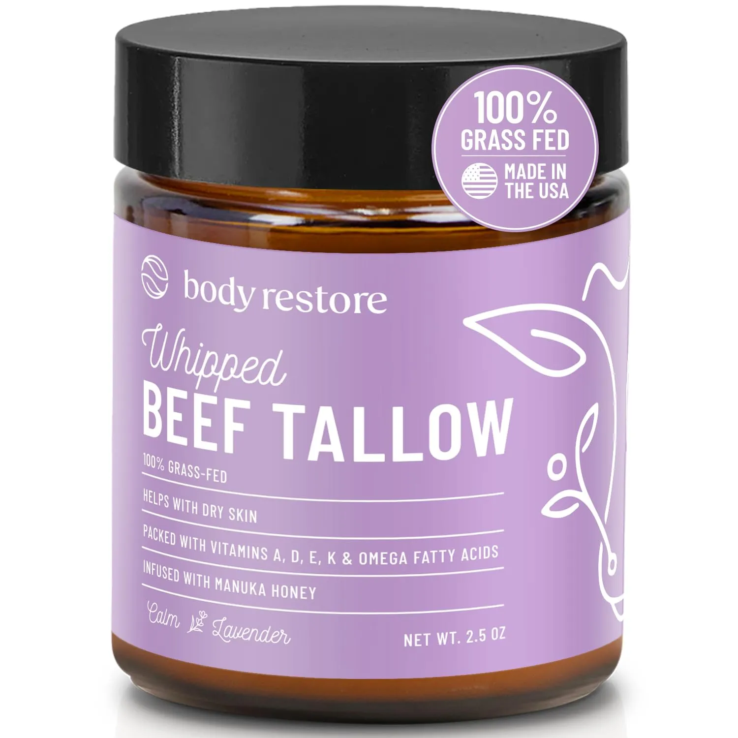Body Restore Grass Fed Whipped Beef Tallow for Skin, Face, Body, Dry Skin - with Manuka Honey, Jojoba Oil, Fathers Day Unique Gifts for Dad, Grandpa, Son, Best Friend, Travel Essentials - Lavender