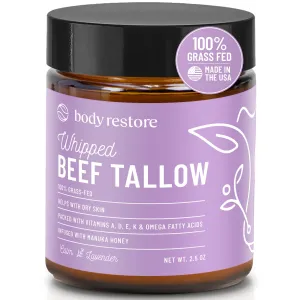 Body Restore Grass Fed Whipped Beef Tallow for Skin, Face, Body, Dry Skin - with Manuka Honey, Jojoba Oil, Fathers Day Unique Gifts for Dad, Grandpa, Son, Best Friend, Travel Essentials - Lavender