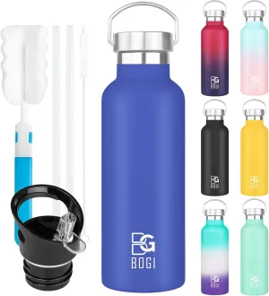 BOGI 20oz Insulated Water Bottle, Wide Mouth Stainless Steel Water Bottles Leakproof Metal Water Bottle with Straw and Handle BPA Free Steel Water Bottle for School Fitness Outdoor Sports-Dark blue