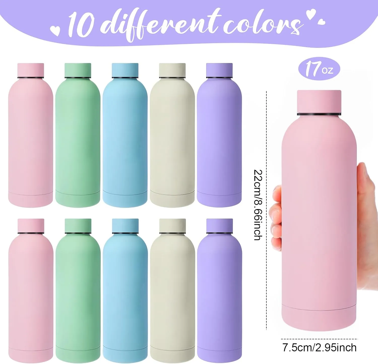 Bokon 10 Pcs Stainless Steel Water Bottle Bulk Double Layer Vacuum 17 oz Small Mouth Sport Insulated Metal Graduation Teacher CNA Gift Reusable Flask Leakproof Lid for Cyclist Runner