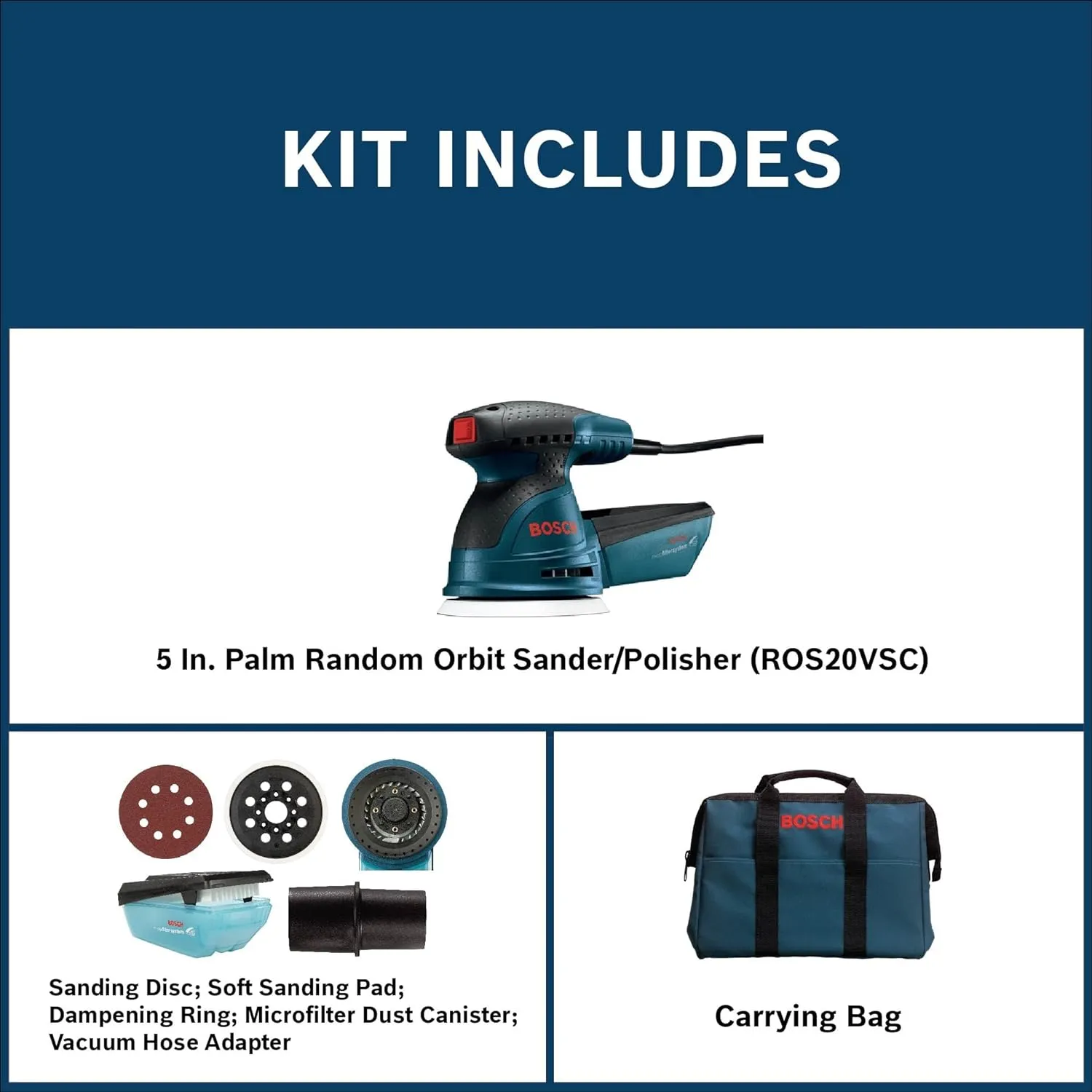 BOSCH ROS20VSC Palm Sander - 2.5 Amp 5 Inches Corded Variable Speed Random Orbital Sander/Polisher Kit with Dust Collector and Soft Carrying Bag, Blue