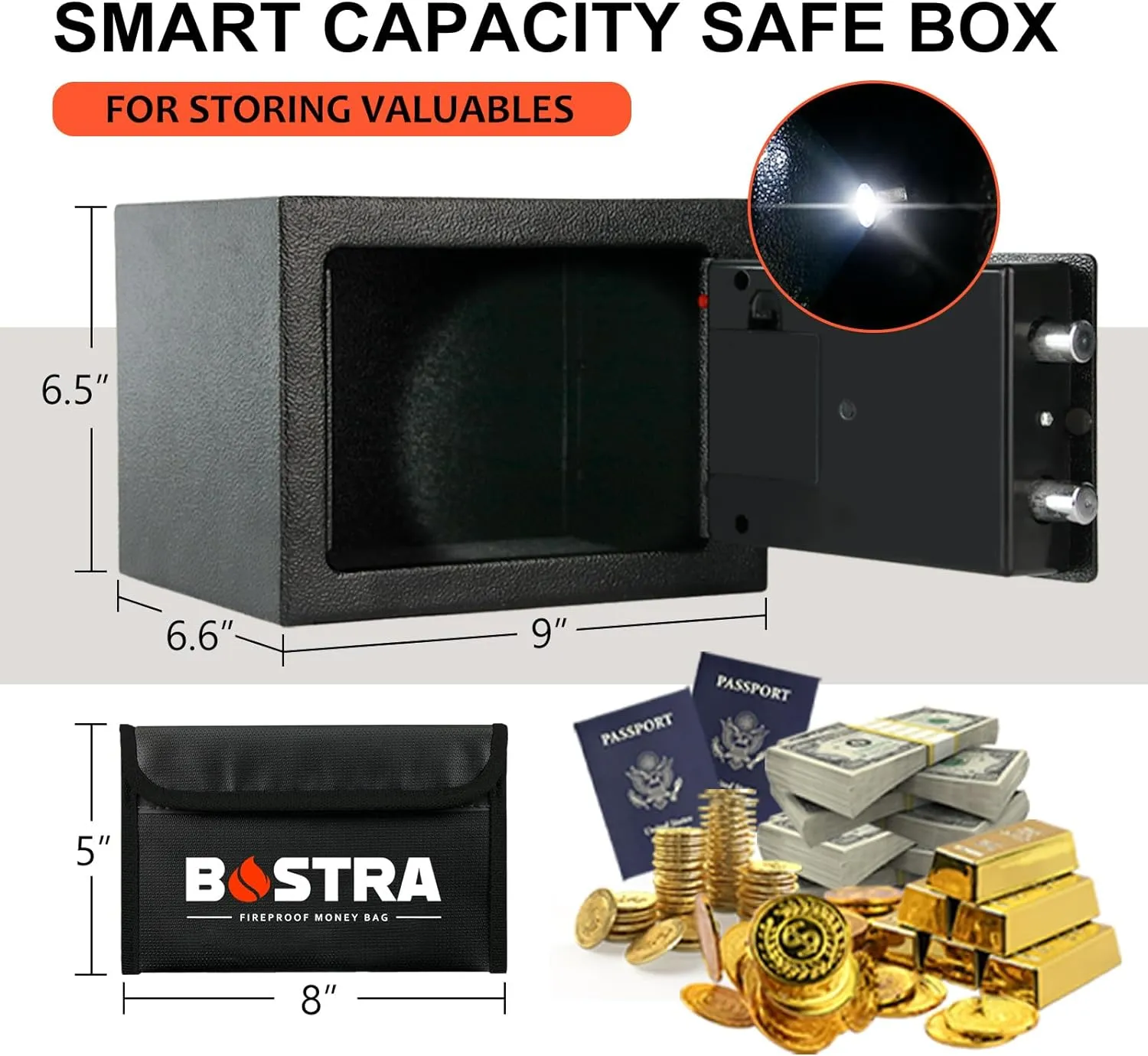 Bostra Fireproof Safe Box with Sensor Light & Fireproof Bag, Money Safe Box with Digital Keypad,Security Safe Box for Home, 0.23 Cubic Small Safe with Keys & Pass Code for Cash Jewelry Silver