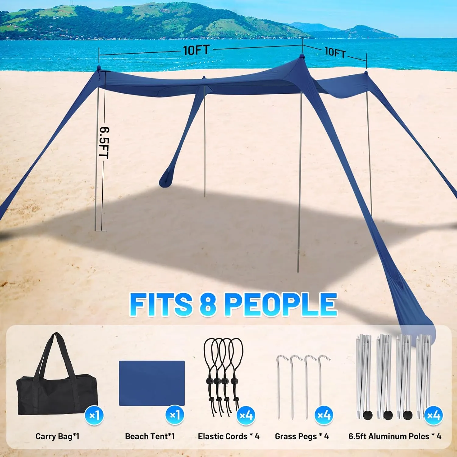 BOTINDO Family Beach Tent Canopy Sun Shade, Pop Up Grande Beach Tent Sun Shelter Stability 4 Poles with Portable Carry Bag Outdoor Shade for Fishing Backyard Camping
