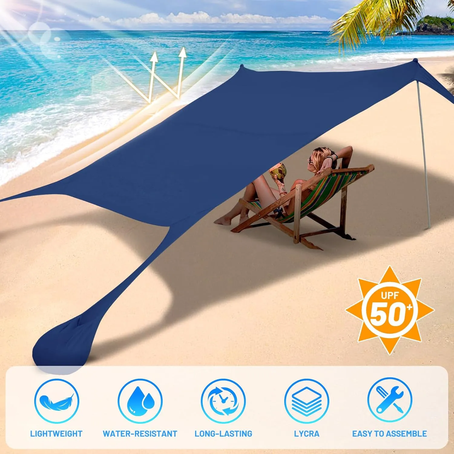 BOTINDO Family Beach Tent Canopy Sun Shade, Pop Up Grande Beach Tent Sun Shelter Stability 4 Poles with Portable Carry Bag Outdoor Shade for Fishing Backyard Camping