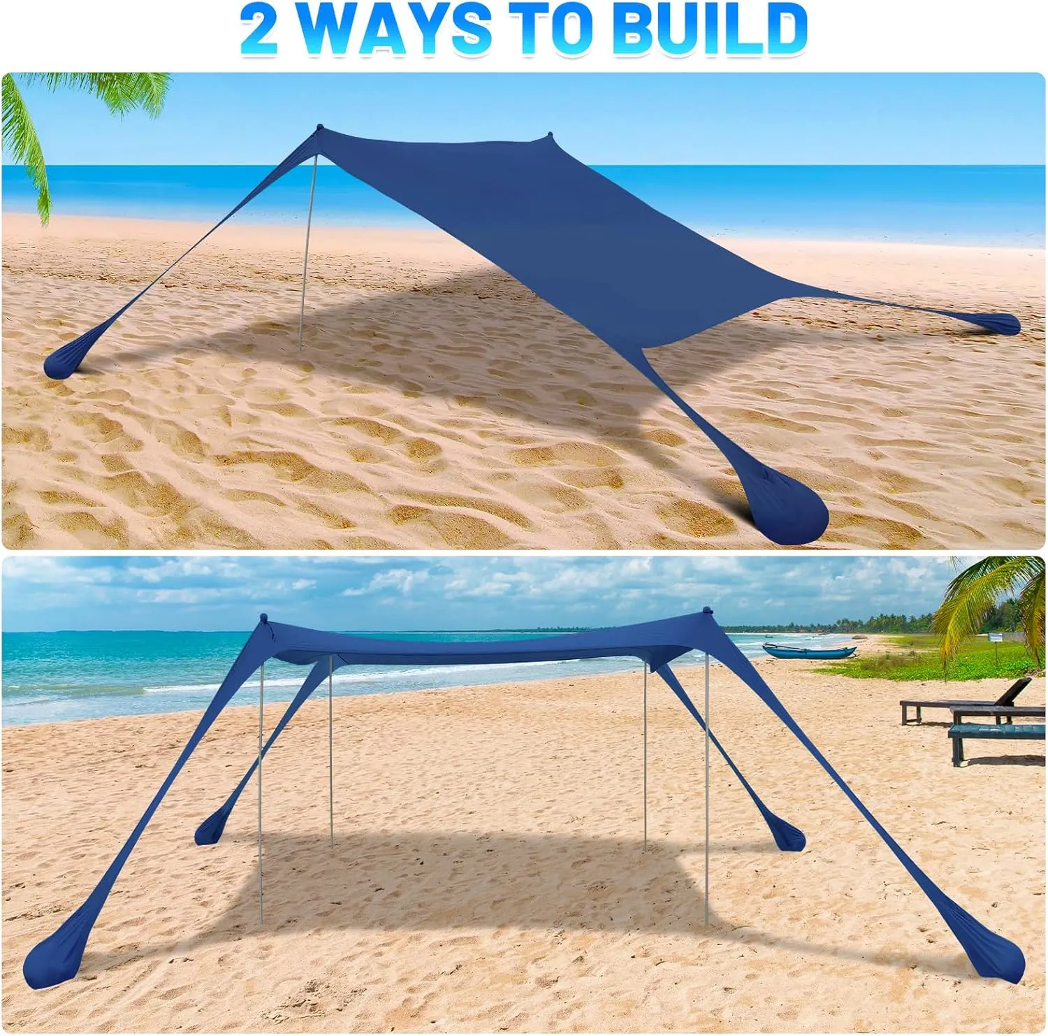 BOTINDO Family Beach Tent Canopy Sun Shade, Pop Up Grande Beach Tent Sun Shelter Stability 4 Poles with Portable Carry Bag Outdoor Shade for Fishing Backyard Camping