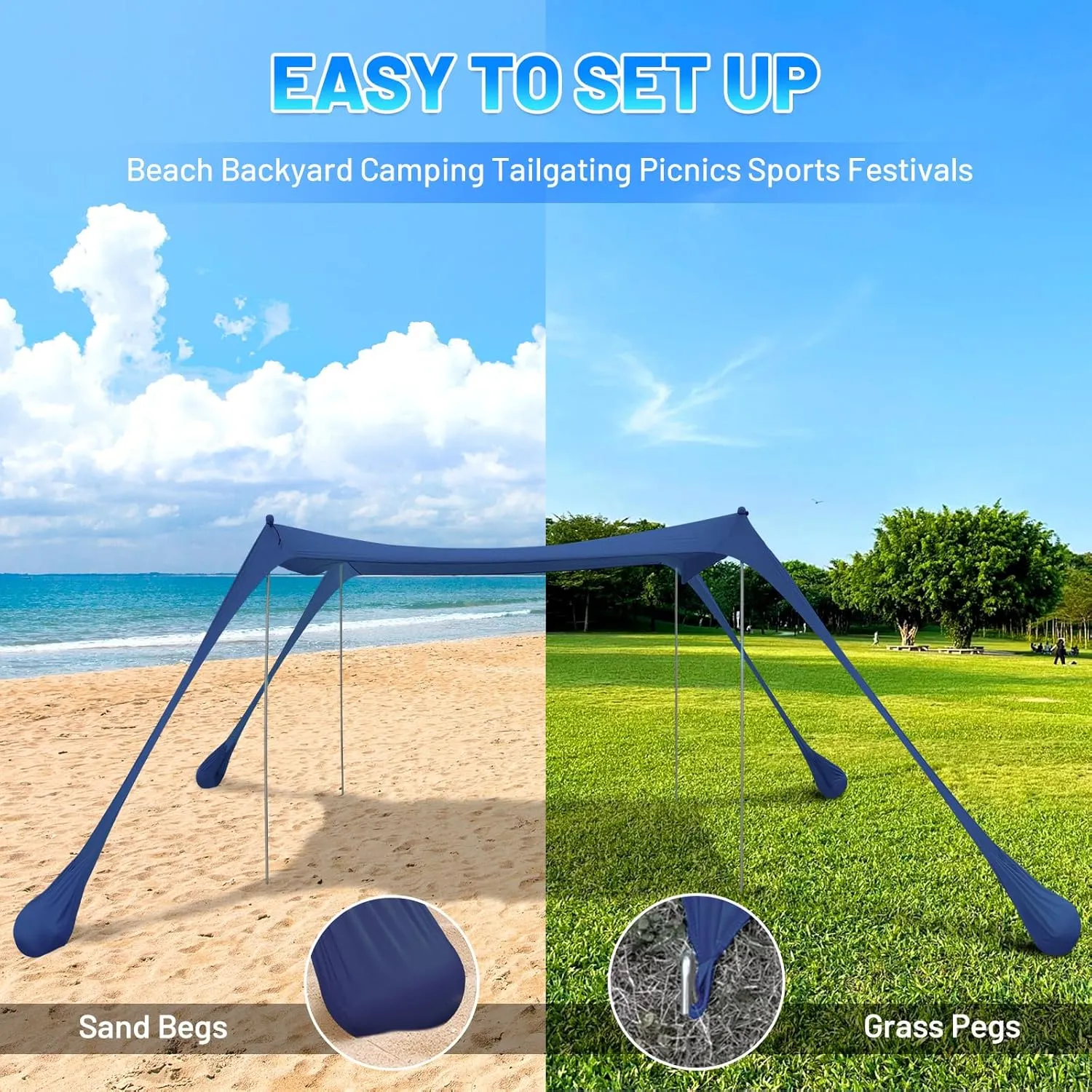 BOTINDO Family Beach Tent Canopy Sun Shade, Pop Up Grande Beach Tent Sun Shelter Stability 4 Poles with Portable Carry Bag Outdoor Shade for Fishing Backyard Camping