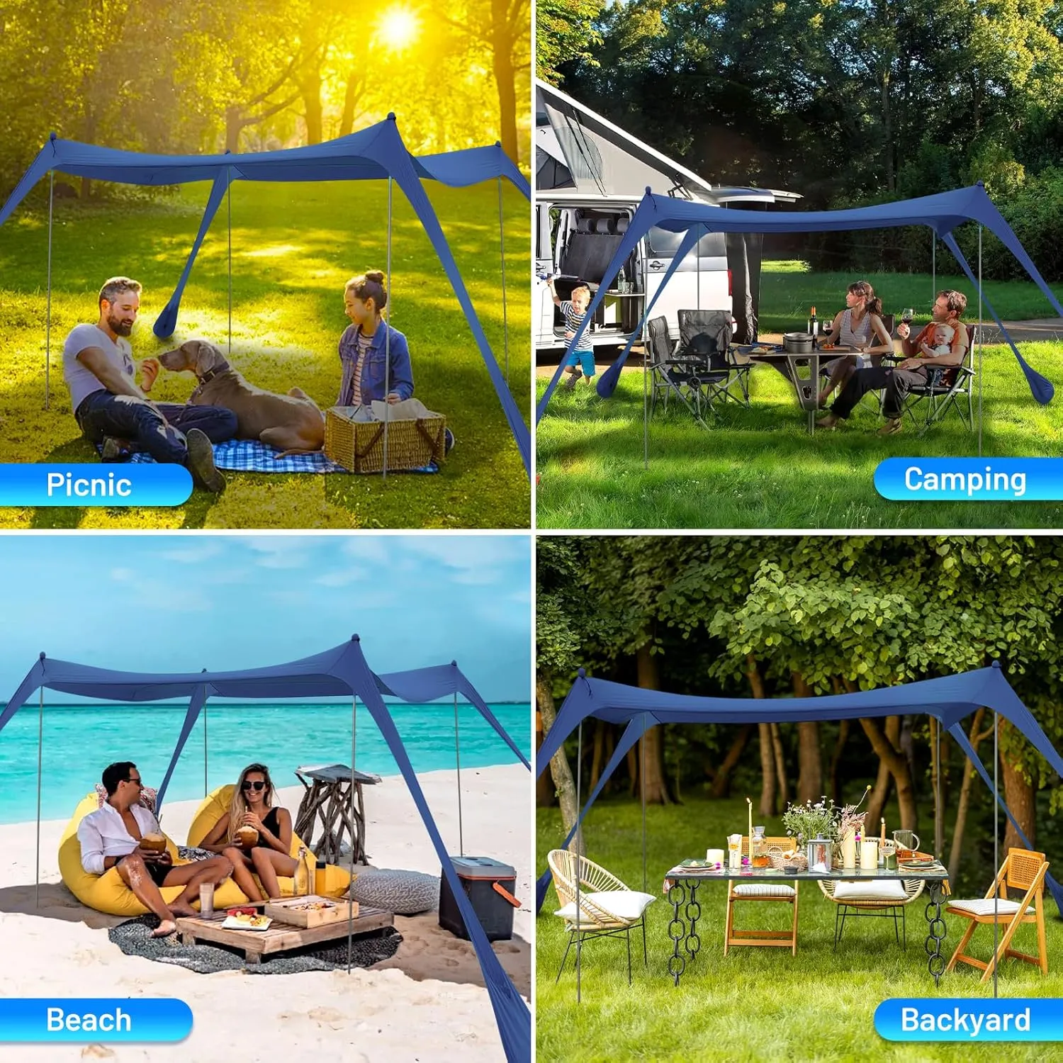 BOTINDO Family Beach Tent Canopy Sun Shade, Pop Up Grande Beach Tent Sun Shelter Stability 4 Poles with Portable Carry Bag Outdoor Shade for Fishing Backyard Camping