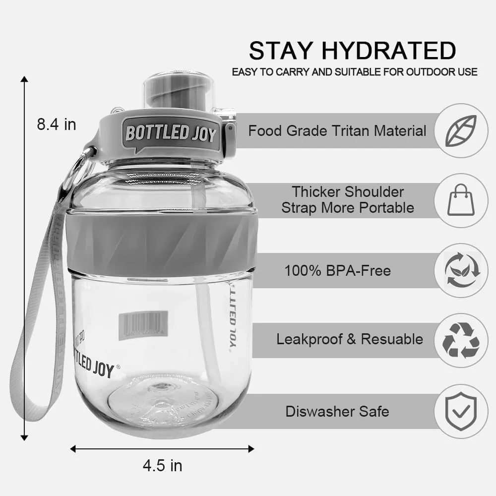 Bottled Joy 32 Oz Grey Sports Water Bottle, Flip-top Lid and Handle Strap Water Bottle with Straw, Leakproof BPA free Tritan Water Bottles for Outdoor Camping Travel for Boys and Girls