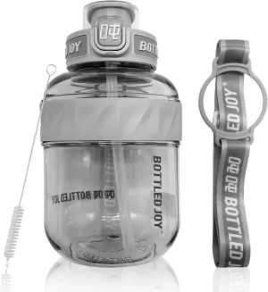 Bottled Joy 32 Oz Grey Sports Water Bottle, Flip-top Lid and Handle Strap Water Bottle with Straw, Leakproof BPA free Tritan Water Bottles for Outdoor Camping Travel for Boys and Girls