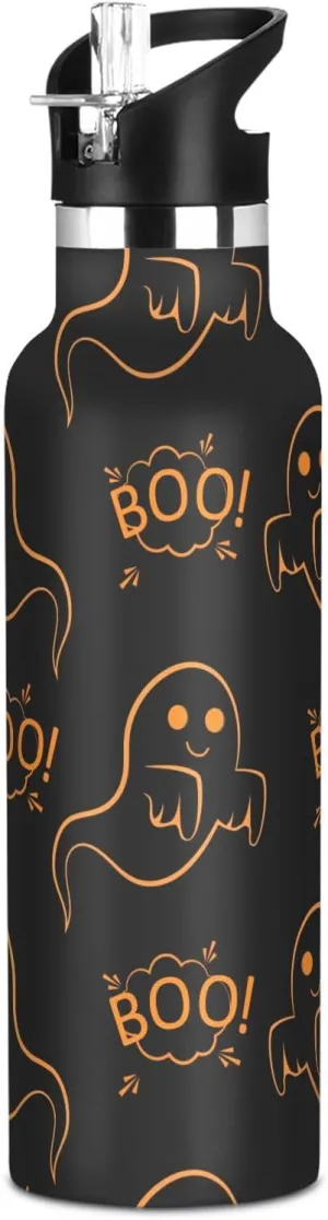 Boys Water Bottle with Straw Reusable Tumbler for Toddlers 20oz Kids Insulated Cups Leak Proof Double Wall 304 Stainless Steel Water Flask School Bottle,Abstract Orange Ghosts