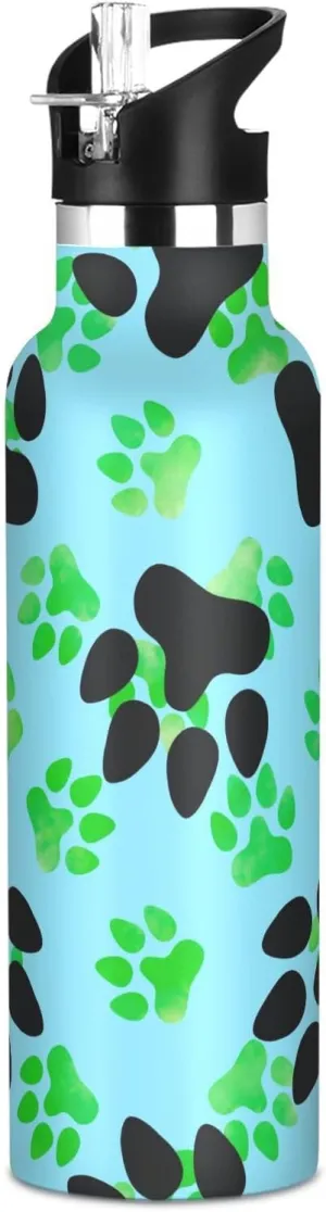 Boys Water Bottle with Straw Reusable Tumbler for Toddlers 20oz Kids Insulated Cups Leak Proof Double Wall 304 Stainless Steel Water Flask School Bottle,Animals Footprints Ca