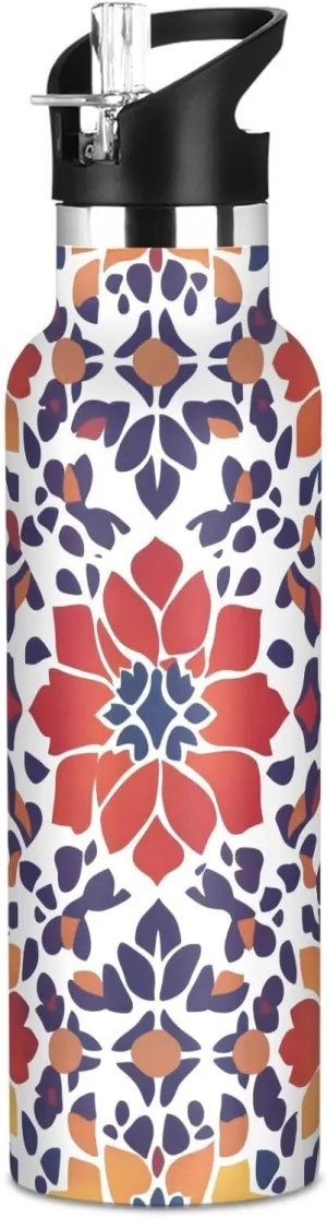 Boys Water Bottle with Straw Reusable Tumbler for Toddlers 20oz Kids Insulated Cups Leak Proof Double Wall 304 Stainless Steel Water Flask School Bottle,Colorful Geometric Flowers