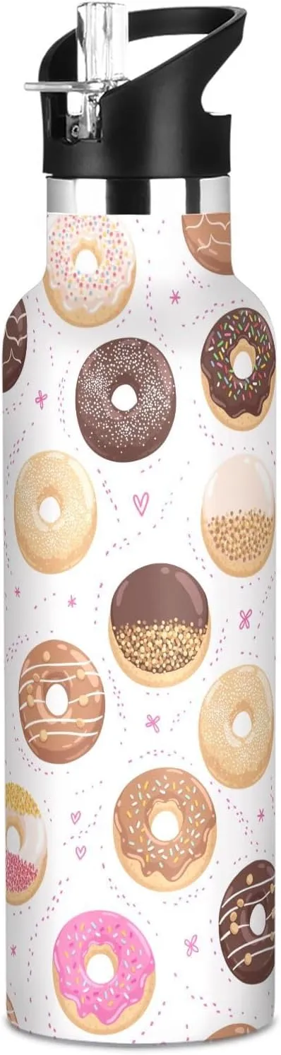 Boys Water Bottle with Straw Reusable Tumbler for Toddlers 20oz Kids Insulated Cups Leak Proof Double Wall 304 Stainless Steel Water Flask School Bottle,Donuts and Love