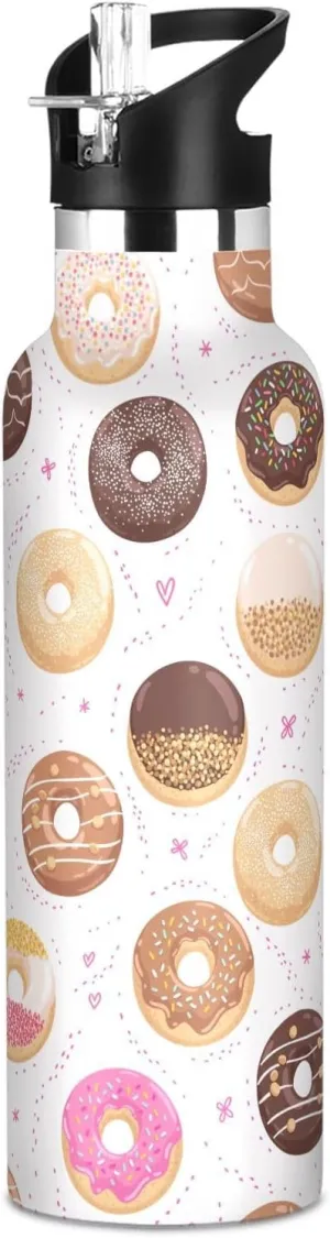 Boys Water Bottle with Straw Reusable Tumbler for Toddlers 20oz Kids Insulated Cups Leak Proof Double Wall 304 Stainless Steel Water Flask School Bottle,Donuts and Love
