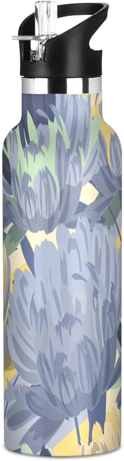 Boys Water Bottle with Straw Reusable Tumbler for Toddlers 20oz Kids Insulated Cups Leak Proof Double Wall 304 Stainless Steel Water Flask School Bottle,Flower Grey