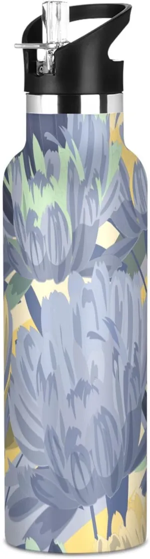Boys Water Bottle with Straw Reusable Tumbler for Toddlers 20oz Kids Insulated Cups Leak Proof Double Wall 304 Stainless Steel Water Flask School Bottle,Flower Grey