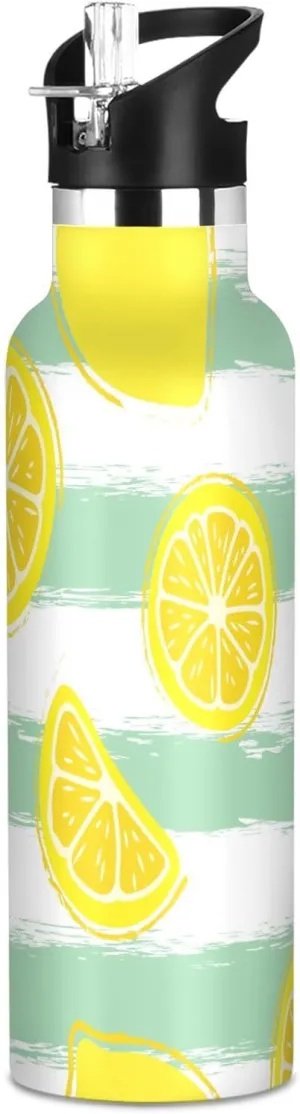 Boys Water Bottle with Straw Reusable Tumbler for Toddlers 20oz Kids Insulated Cups Leak Proof Double Wall 304 Stainless Steel Water Flask School Bottle,Fresh Tropical Fruits Lemon