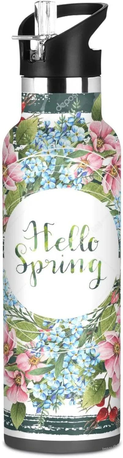 Boys Water Bottle with Straw Reusable Tumbler for Toddlers 20oz Kids Insulated Cups Leak Proof Double Wall 304 Stainless Steel Water Flask School Bottle,Hello Spring Flower