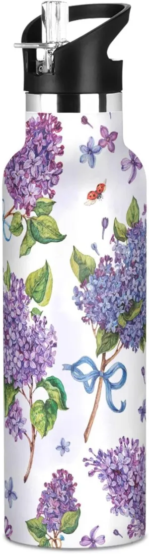 Boys Water Bottle with Straw Reusable Tumbler for Toddlers 20oz Kids Insulated Cups Leak Proof Double Wall 304 Stainless Steel Water Flask School Bottle,Lilac Watercolor Flower