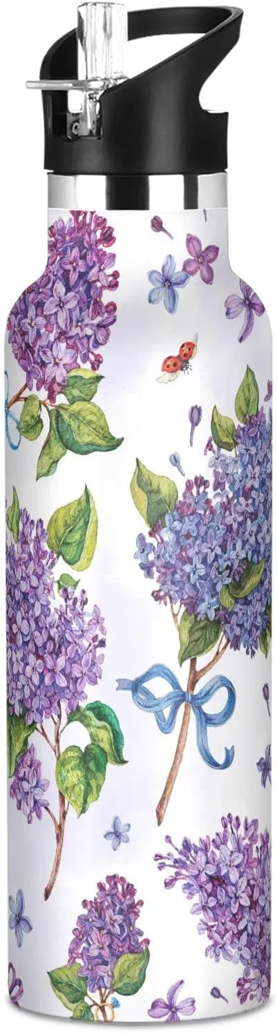 Boys Water Bottle with Straw Reusable Tumbler for Toddlers 20oz Kids Insulated Cups Leak Proof Double Wall 304 Stainless Steel Water Flask School Bottle,Lilac Watercolor Flower