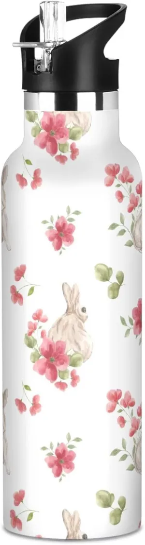 Boys Water Bottle with Straw Reusable Tumbler for Toddlers 20oz Kids Insulated Cups Leak Proof Double Wall 304 Stainless Steel Water Flask School Bottle,Raccoon and Rabbits
