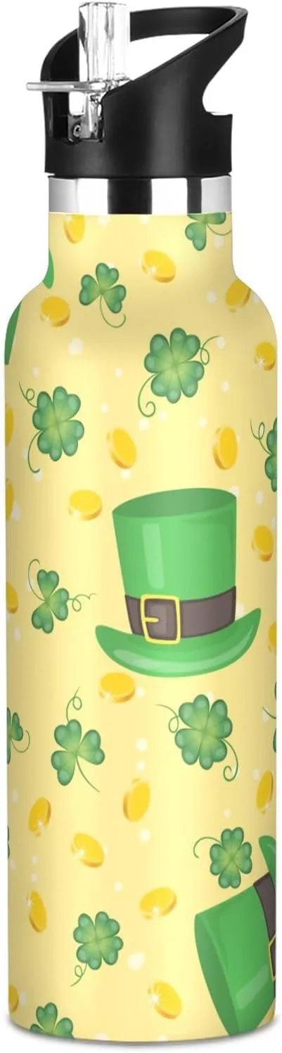 Boys Water Bottle with Straw Reusable Tumbler for Toddlers 20oz Kids Insulated Cups Leak Proof Double Wall 304 Stainless Steel Water Flask School Bottle,Saint Patricks Day Pattern