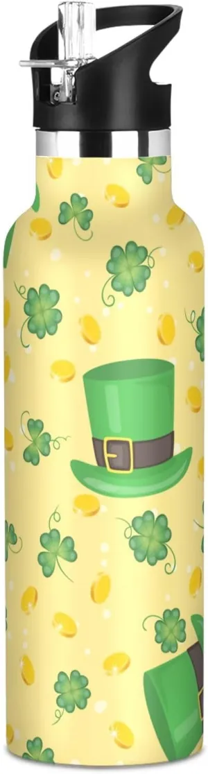 Boys Water Bottle with Straw Reusable Tumbler for Toddlers 20oz Kids Insulated Cups Leak Proof Double Wall 304 Stainless Steel Water Flask School Bottle,Saint Patricks Day Pattern