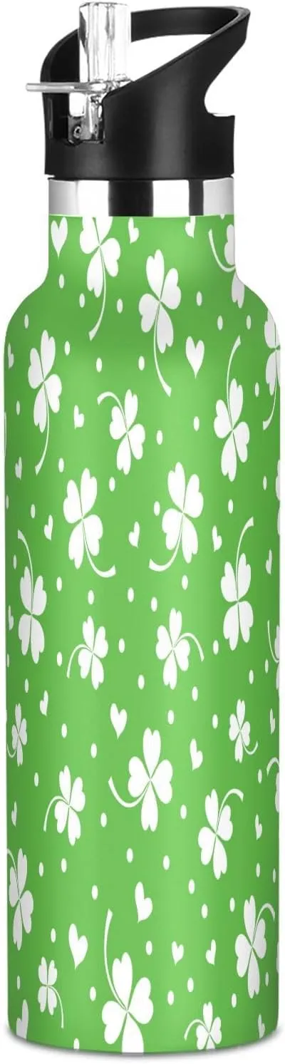 Boys Water Bottle with Straw Reusable Tumbler for Toddlers 20oz Kids Insulated Cups Leak Proof Double Wall 304 Stainless Steel Water Flask School Bottle,Shamrock Leaf Green Plant