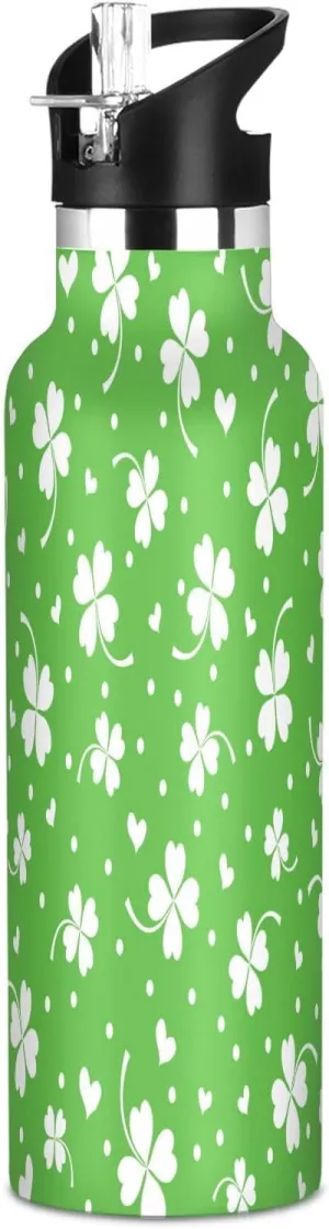Boys Water Bottle with Straw Reusable Tumbler for Toddlers 20oz Kids Insulated Cups Leak Proof Double Wall 304 Stainless Steel Water Flask School Bottle,Shamrock Leaf Green Plant