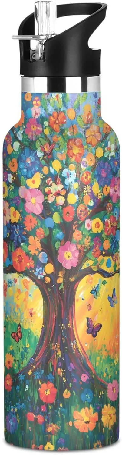 Boys Water Bottle with Straw Reusable Tumbler for Toddlers 20oz Kids Insulated Cups Leak Proof Double Wall 304 Stainless Steel Water Flask School Bottle,Tree and Colorful Flowers