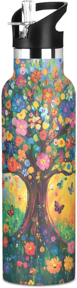 Boys Water Bottle with Straw Reusable Tumbler for Toddlers 20oz Kids Insulated Cups Leak Proof Double Wall 304 Stainless Steel Water Flask School Bottle,Tree and Colorful Flowers