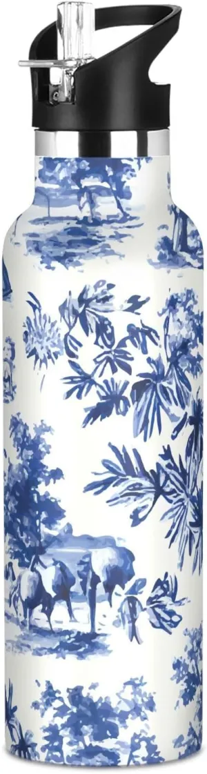 Boys Water Bottle with Straw Reusable Tumbler for Toddlers 20oz Kids Insulated Cups Leak Proof Double Wall 304 Stainless Steel Water Flask School Bottle,Vintage Floral Dark Blue